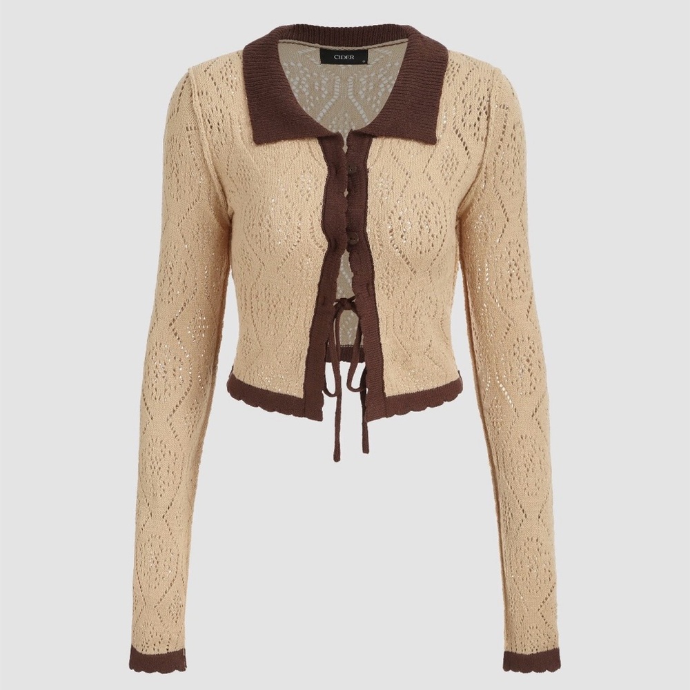 Cider Beige and Brown Open-Knit Tie-Front Cardigan